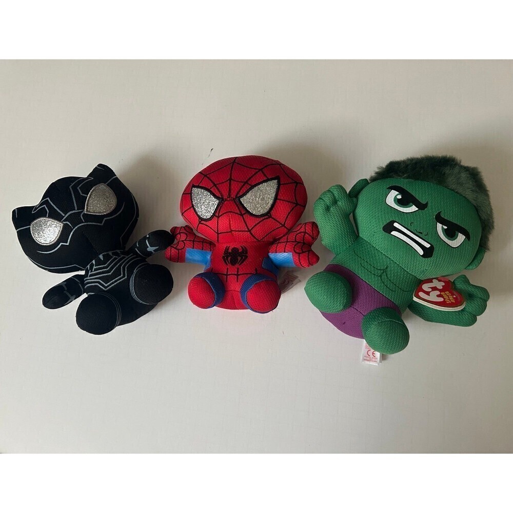 3 Marvel Beanie Babies Plush - Hulk - Spider-Man - Black Panther